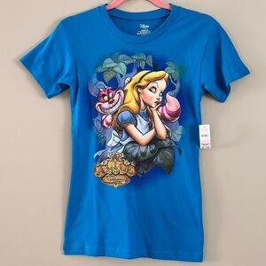 Disney Alice & Cheshire Cat Short Sleeve T Shirt Aqua Blue NWT